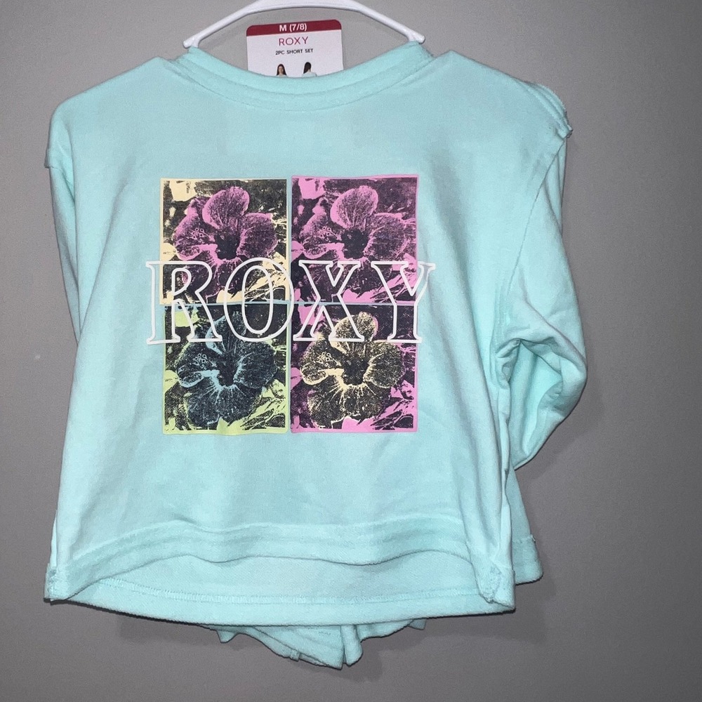 Roxy Girls 2 Piece Short Set Mint Green Sweatshirt Shorts Size M 7/8